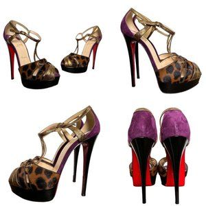Christian Louboutin Purple Leopard Print Gold T-Strap Platform Heels